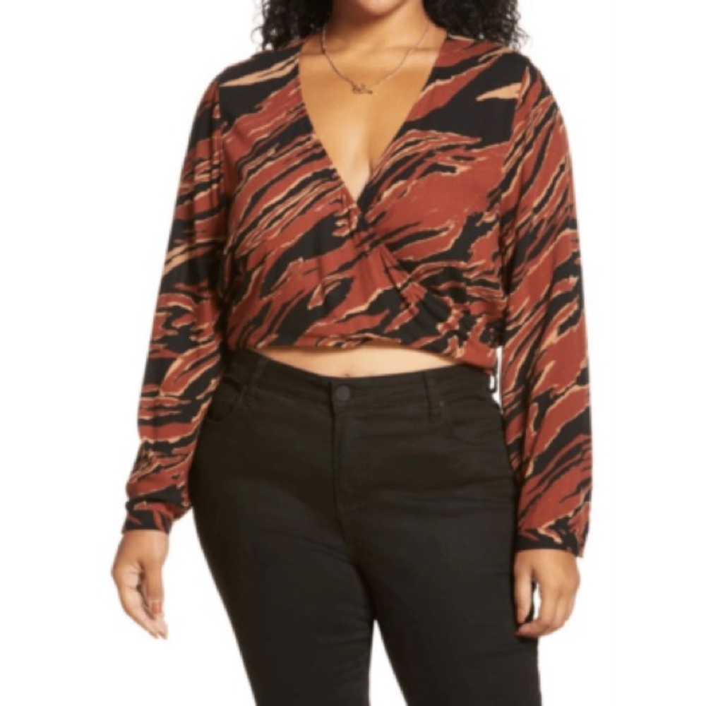 BP Wrap Front Brown Burnout Tiger Stripe Crop Top Blouse